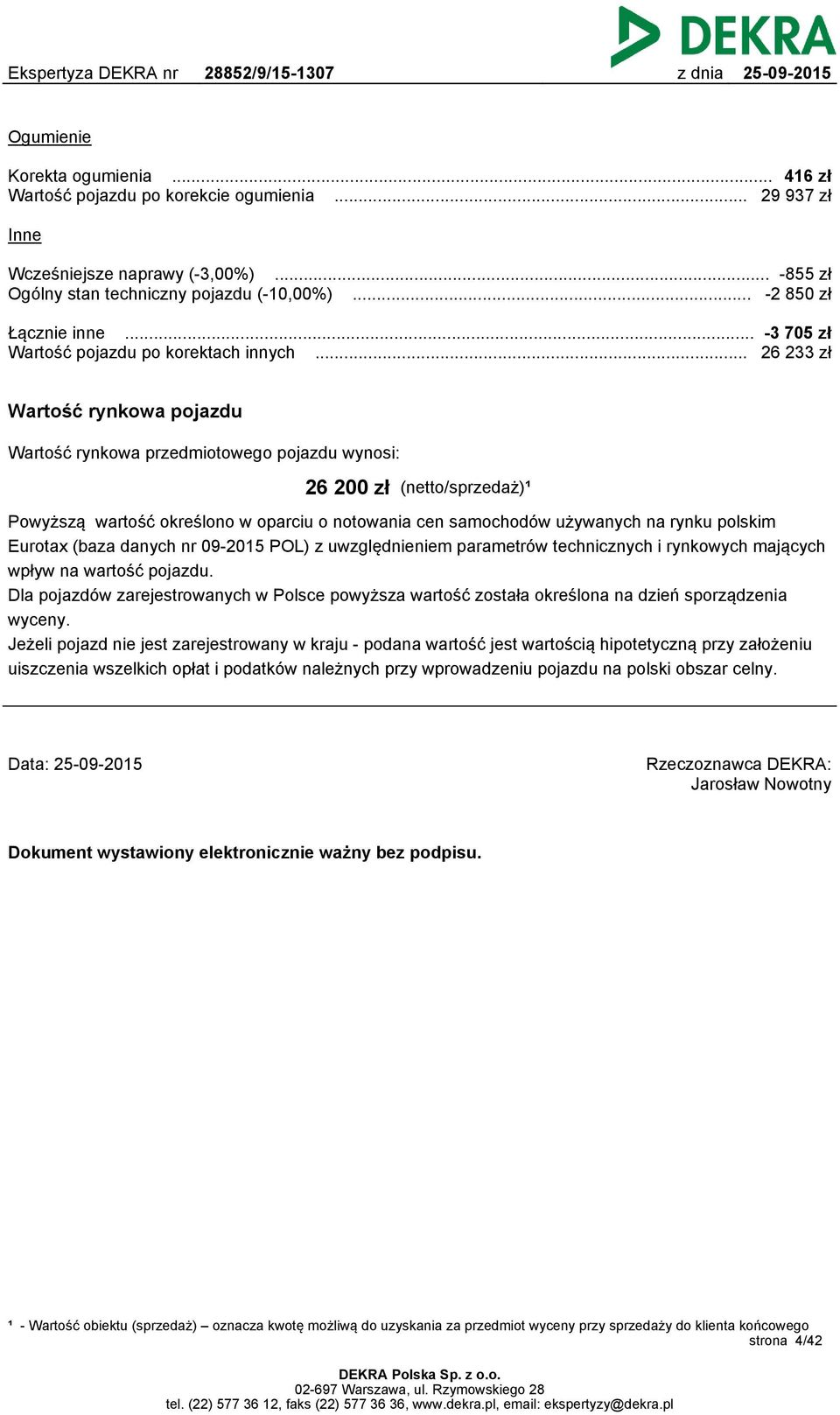 .. 26 233 zł Wartość rynkowa pojazdu Wartość rynkowa przedmiotowego pojazdu wynosi: 26 200 zł (netto/sprzedaż)¹ Powyższą wartość określono w oparciu o notowania cen samochodów używanych na rynku