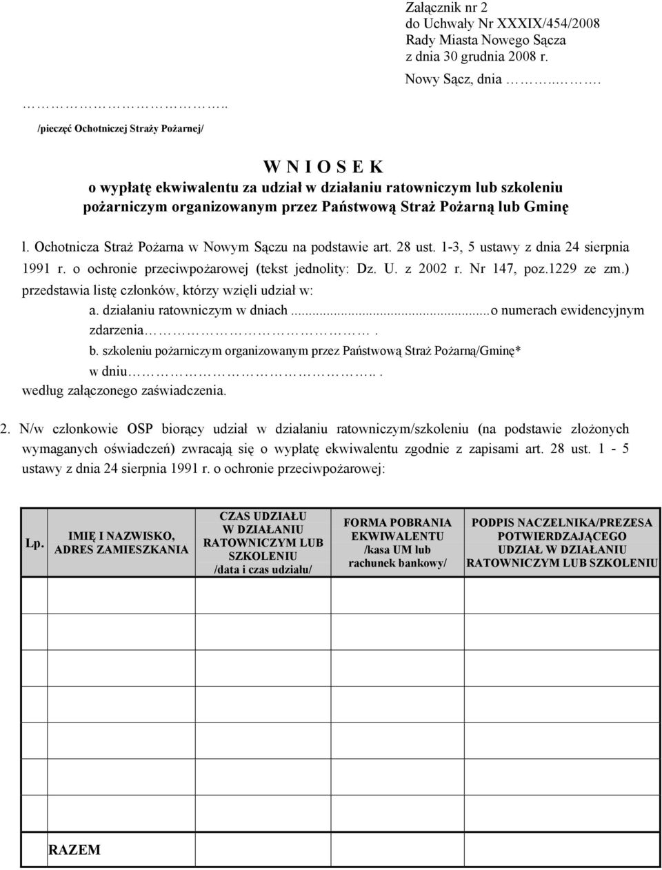 Ochotnicza Straż Pożarna w Nowym Sączu na podstawie art. 28 ust. 1-3, 5 ustawy z dnia 24 sierpnia 1991 r. o ochronie przeciwpożarowej (tekst jednolity: Dz. U. z 2002 r. Nr 147, poz.1229 ze zm.