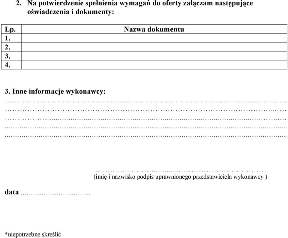 Nazwa dokumentu 3. Inne informacje wykonawcy:................ data.