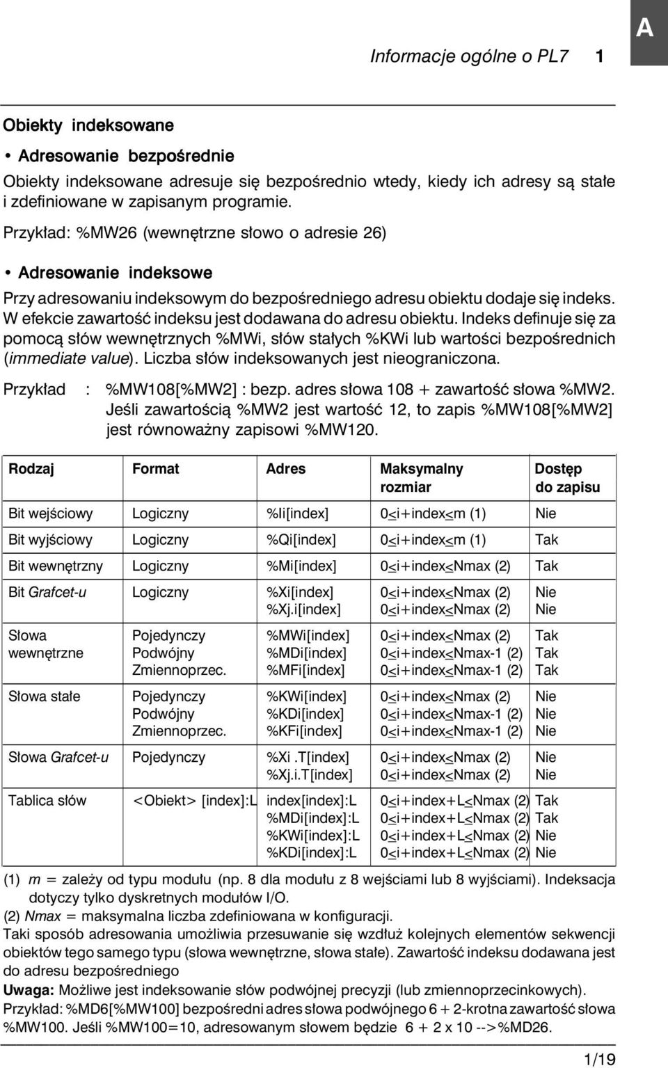 W efekcie zawartoêç indeksu jest dodawana do adresu obiektu. Indeks definuje si za pomocà s ów wewn trznych %MWi, s ów sta ych %KWi lub wartoêci bezpoêrednich (immediate value).