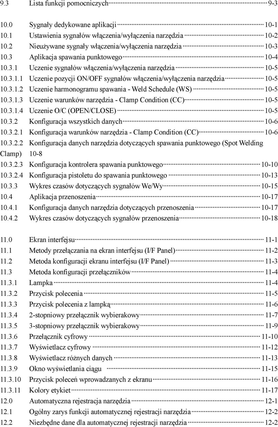 3.1.3 Uczenie warunków narzędzia - Clamp Condition (CC) 10-5 10.3.1.4 Uczenie O/C (OPEN/CLOSE) 10-5 10.3.2 Konfiguracja wszystkich danych 10-6 10.3.2.1 Konfiguracja warunków narzędzia - Clamp Condition (CC) 10-6 10.