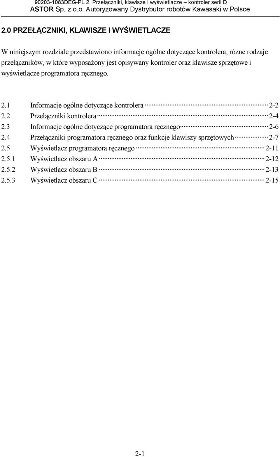 opisywany kontroler oraz klawisze sprzętowe i wyświetlacze programatora ręcznego. 2.1 Informacje ogólne dotyczące kontrolera 2-2 2.2 Przełączniki kontrolera 2-4 2.