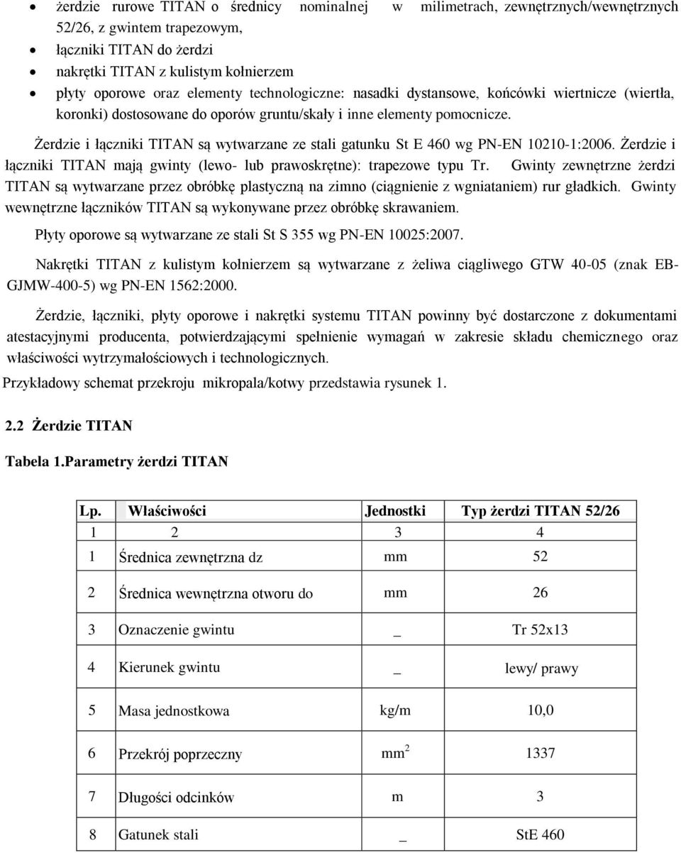 Żerdzie i łączniki TITAN są wytwarzane ze stali gatunku St E 460 wg PN-EN 10210-1:2006. Żerdzie i łączniki TITAN mają gwinty (lewo- lub prawoskrętne): trapezowe typu Tr.