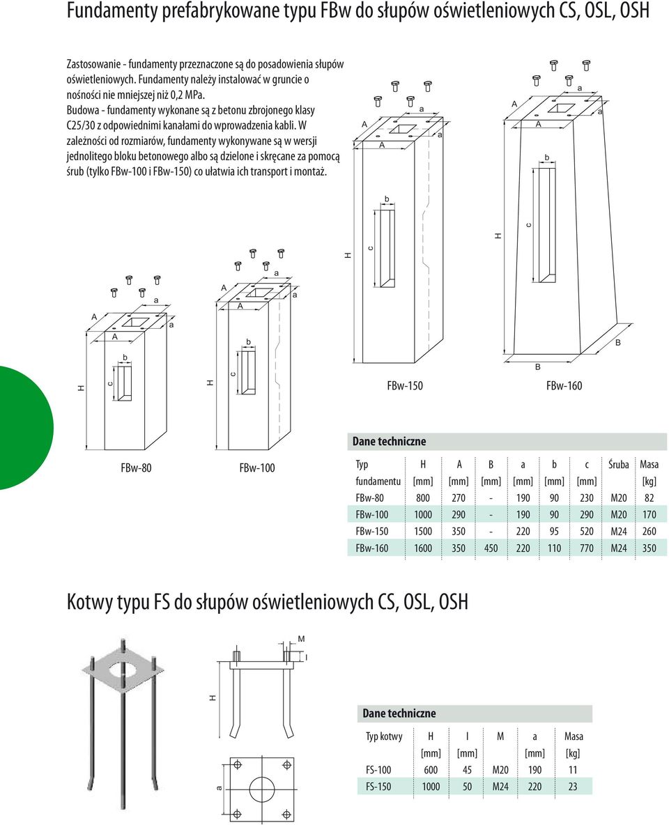 W zleżnośi od rozmirów, fundmenty wykonywne są w wersji jednolitego loku etonowego lo są dzielone i skręne z pomoą śru (tylko Fw100 i Fw150) o ułtwi ih trnsport i montż.