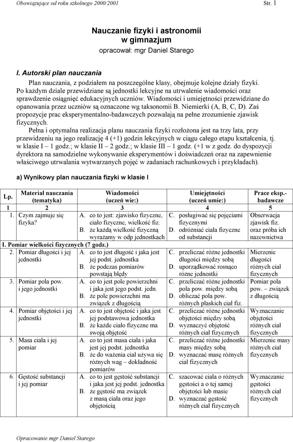 Wiadomości i umiejętności przewidziane do opanowania przez uczniów są oznaczone wg taksonomii B. Niemierki (A, B, C, D).