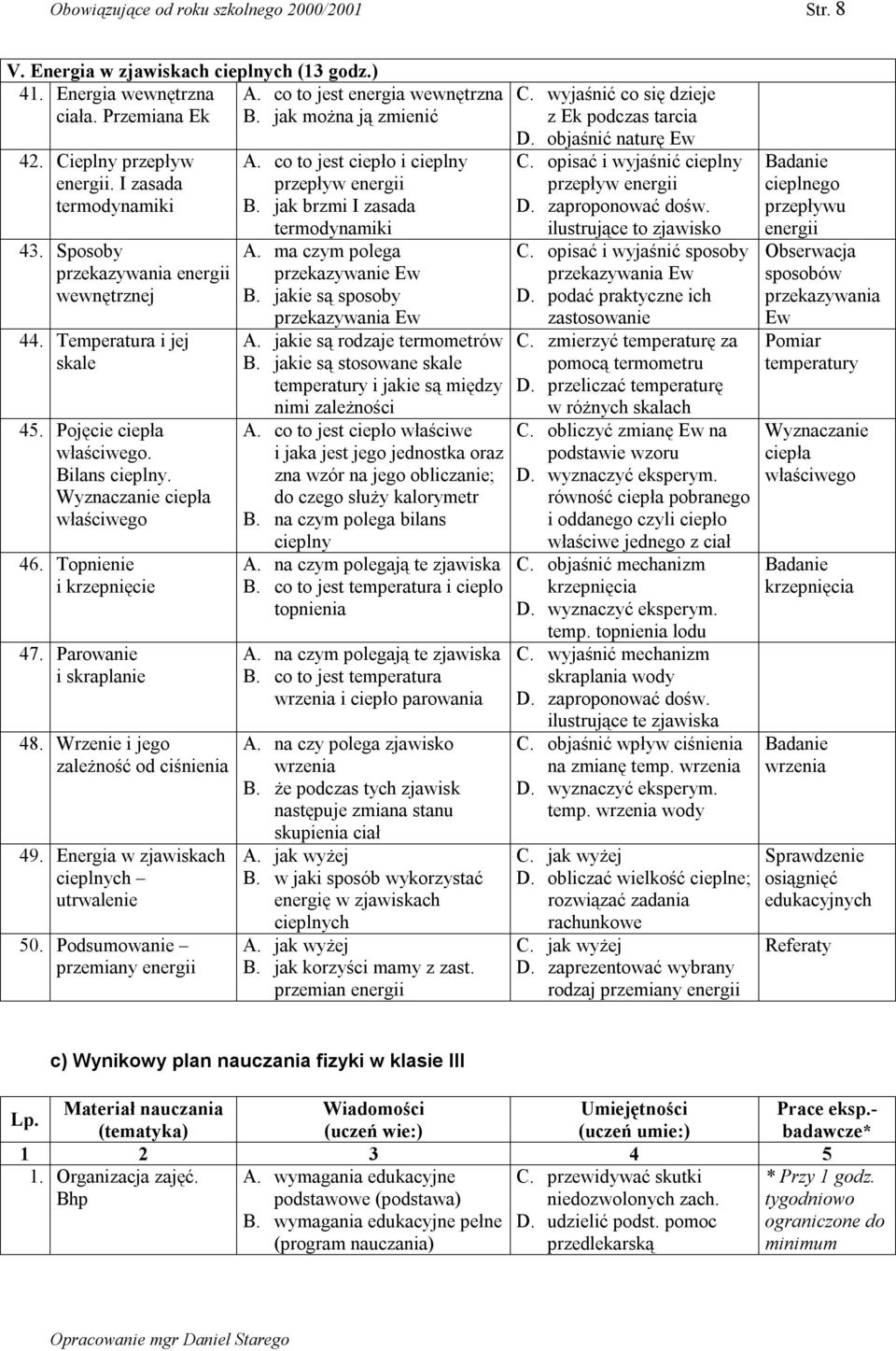 Wyznaczanie ciepła właściwego 46. Topnienie i krzepnięcie 47. Parowanie i skraplanie 48. Wrzenie i jego zależność od ciśnienia 49. Energia w zjawiskach cieplnych 50. Podsumowanie przemiany energii A.