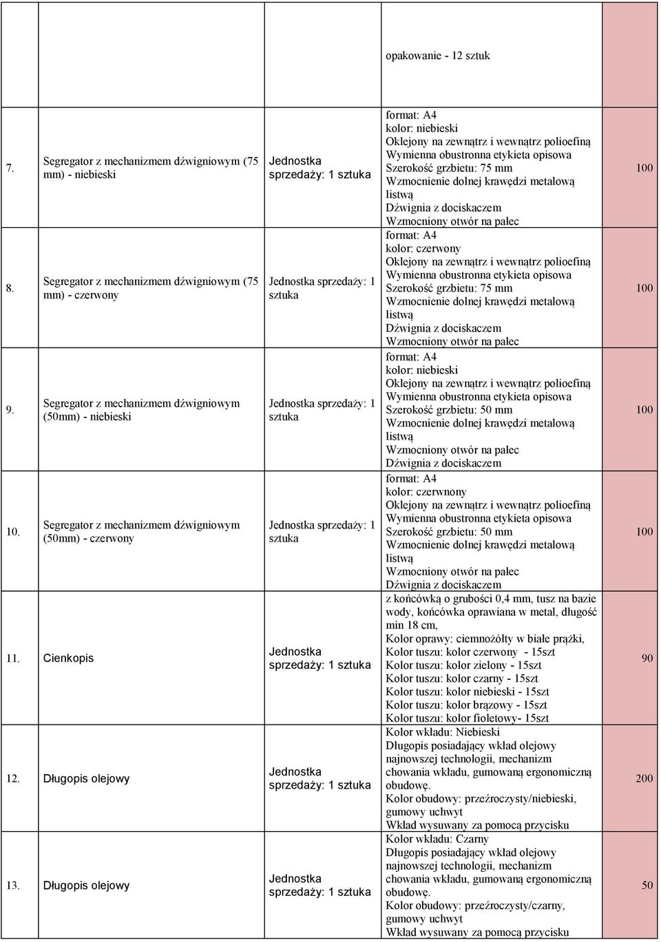 dźwigniowym (0mm) - czerwony 11. Cienkopis 12. Długopis olejowy 13.