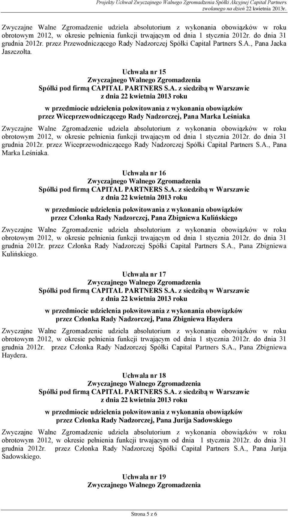 przez Członka Rady Nadzorczej Spółki Capital Partners S.A., Pana Zbigniewa Kulińskiego. Uchwała nr 17 przez Członka Rady Nadzorczej, Pana Zbigniewa Haydera grudnia 2012r.