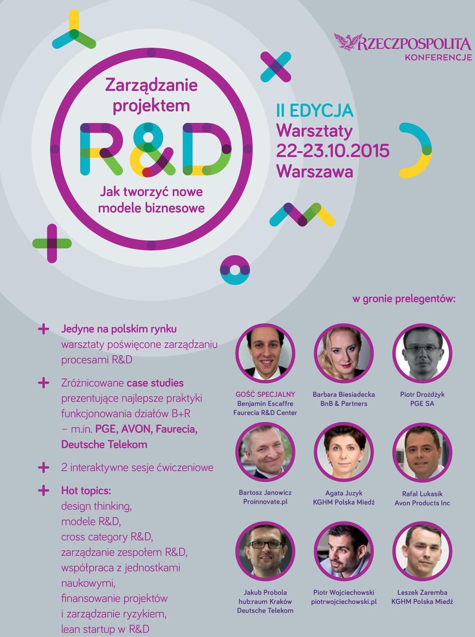 in. PGE, AVON, Faurecia, Deutsche Telekom + 2 interaktywne sesje ćwiczeniowe + Hot topics: design thinking, modele R&D, cross category R&D, zarządzanie zespołem R&D, współpraca z jednostkami