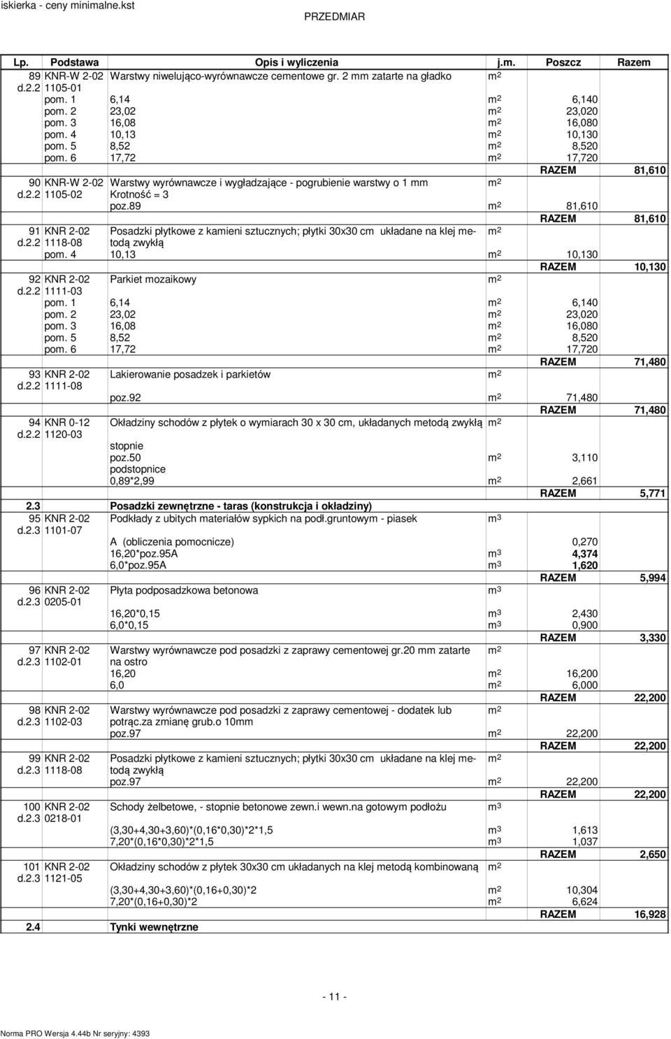 6 17,72 m 2 17,720 RAZEM 81,610 90 KNR-W 2-02 Warstwy wyrównawcze i wygładzające - pogrubienie warstwy o 1 mm m 2 d.2.2 1105-02 Krotność = 3 poz.