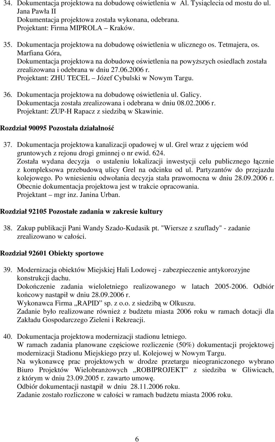 Marfiana Góra, Dokumentacja projektowa na dobudowę oświetlenia na powyŝszych osiedlach została zrealizowana i odebrana w dniu 27.06.2006 r. Projektant: ZHU TECEL Józef Cybulski w Nowym Targu. 36.