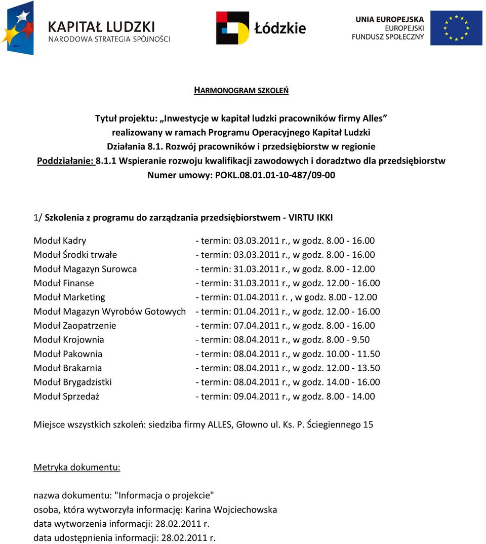 04.2011 r., w godz. 8.00-16.00 Moduł Krojownia - termin: 08.04.2011 r., w godz. 8.00-9.50 Moduł Pakownia - termin: 08.04.2011 r., w godz. 10.00-11.50 Moduł Brakarnia - termin: 08.04.2011 r., w godz. 12.