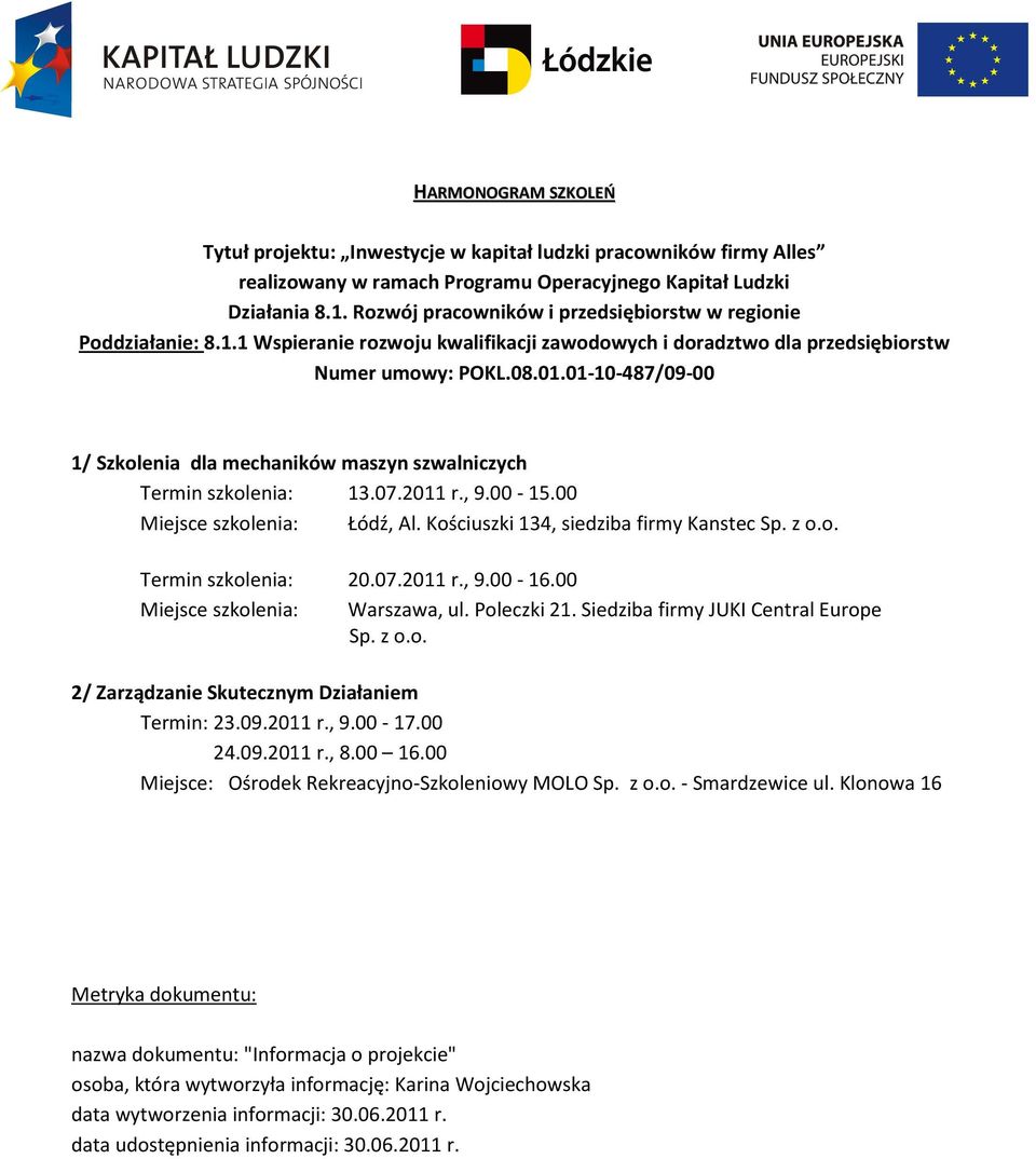 Siedziba firmy JUKI Central Europe Sp. z o.o. 2/ Zarządzanie Skutecznym Działaniem Termin: 23.09.2011 r., 9.00-17.00 24.09.2011 r., 8.00 16.