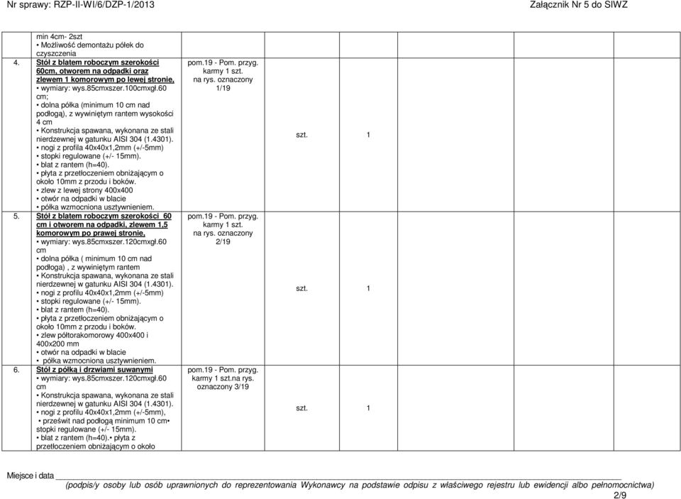 60 ; dolna półka (minimum 10 nad podłog), z wywinitym rantem wysokoci 4 nogi z profila 40x40x1,2mm (+/-5mm) około 10mm z przodu i boków. zlew z lewej strony 400x400 otwór na odpadki w blacie 5.