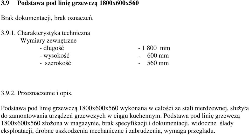 Podstawa pod linię grzewczą 1800x600x560 wykonana w całości ze stali nierdzewnej, służyła do zamontowania