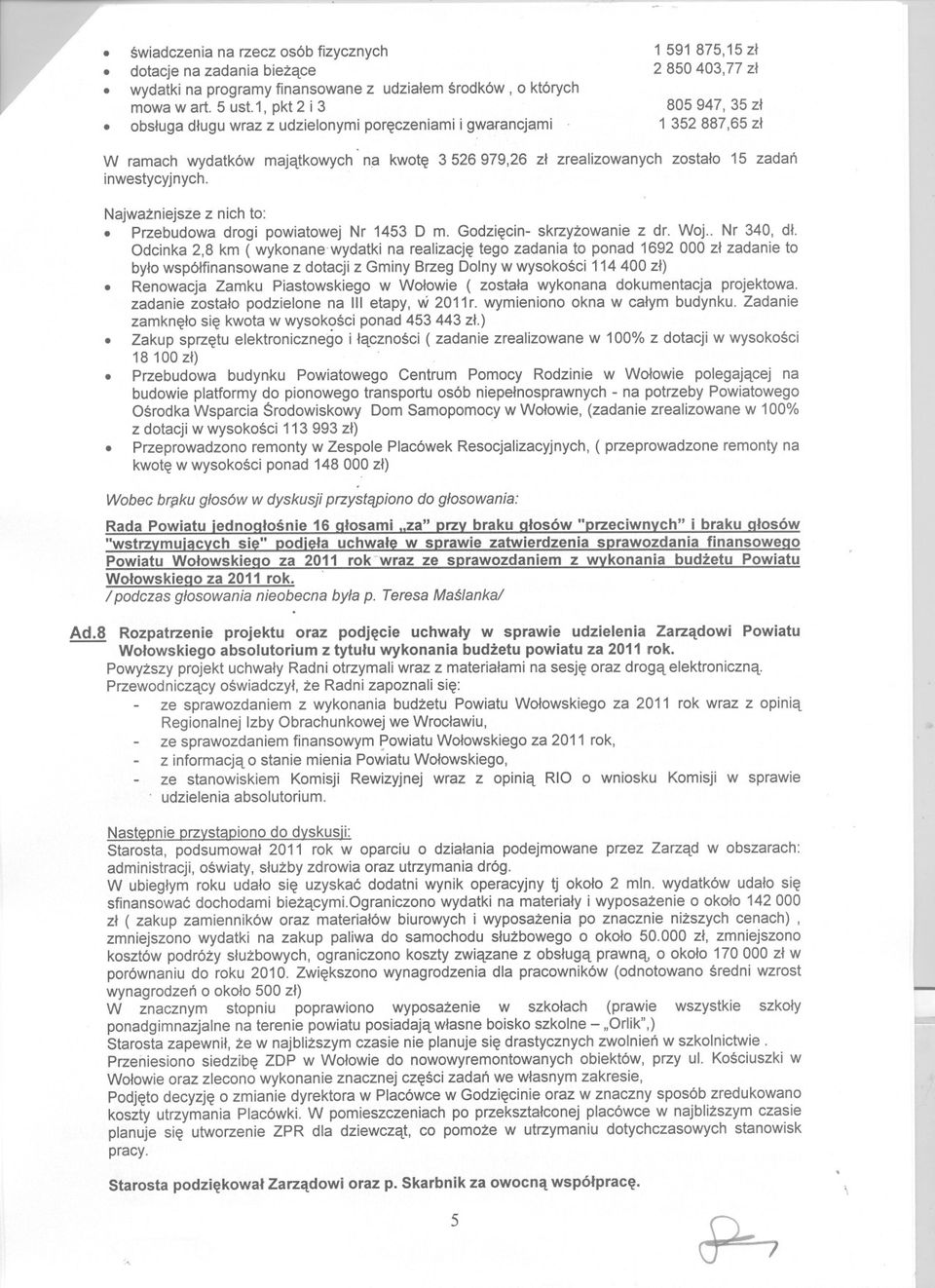 1 591 875,15 zl 2 850 403,77 zl 805 947, 35 zl 1 352887,65 zl W ramach wydatków majatkowych n~ kwote 3 526 979,26 zl zrealizowanych zostalo 15 zadan inwestycyjnych. Najwazniejsze z nich to:.