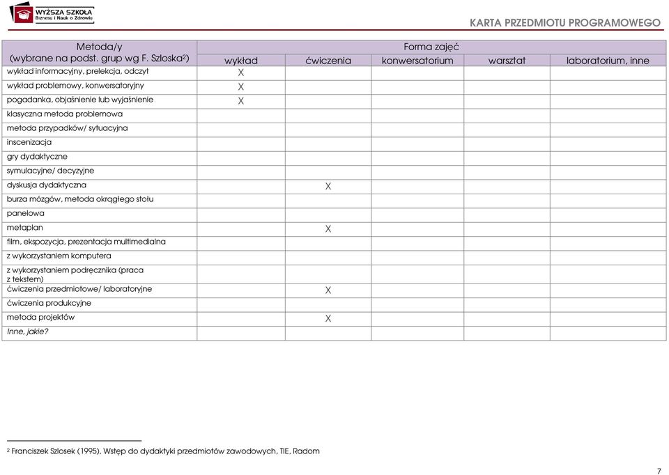 wyjaśnienie X klasyczna metoda problemowa metoda przypadków/ sytuacyjna inscenizacja gry dydaktyczne symulacyjne/ decyzyjne dyskusja dydaktyczna X burza mózgów, metoda okrągłego