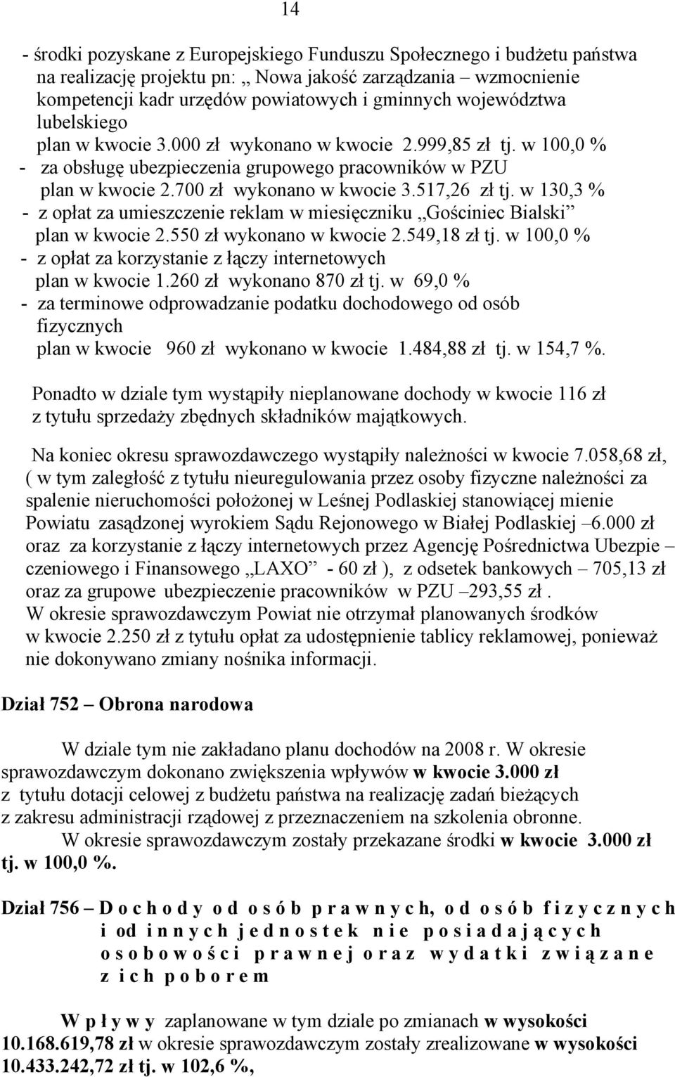 w 130,3 % - z opłat za umieszczenie reklam w miesięczniku Gościniec Bialski plan w kwocie 2.550 zł wykonano w kwocie 2.549,18 zł tj.