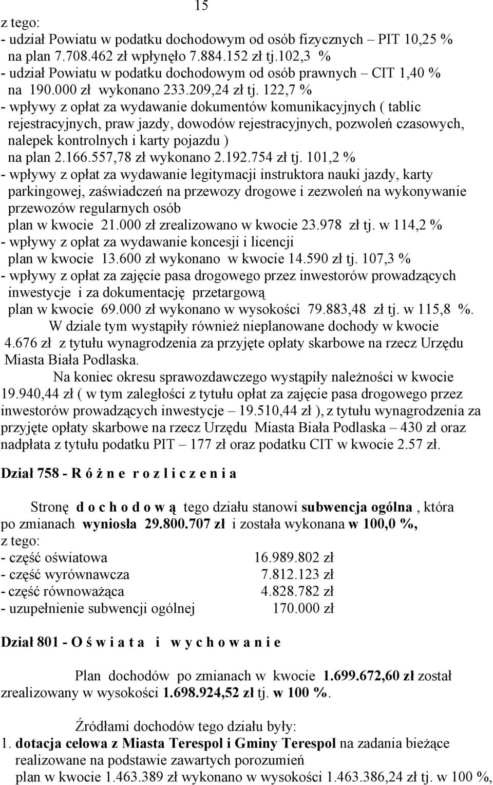 122,7 % - wpływy z opłat za wydawanie dokumentów komunikacyjnych ( tablic rejestracyjnych, praw jazdy, dowodów rejestracyjnych, pozwoleń czasowych, nalepek kontrolnych i karty pojazdu ) na plan 2.166.