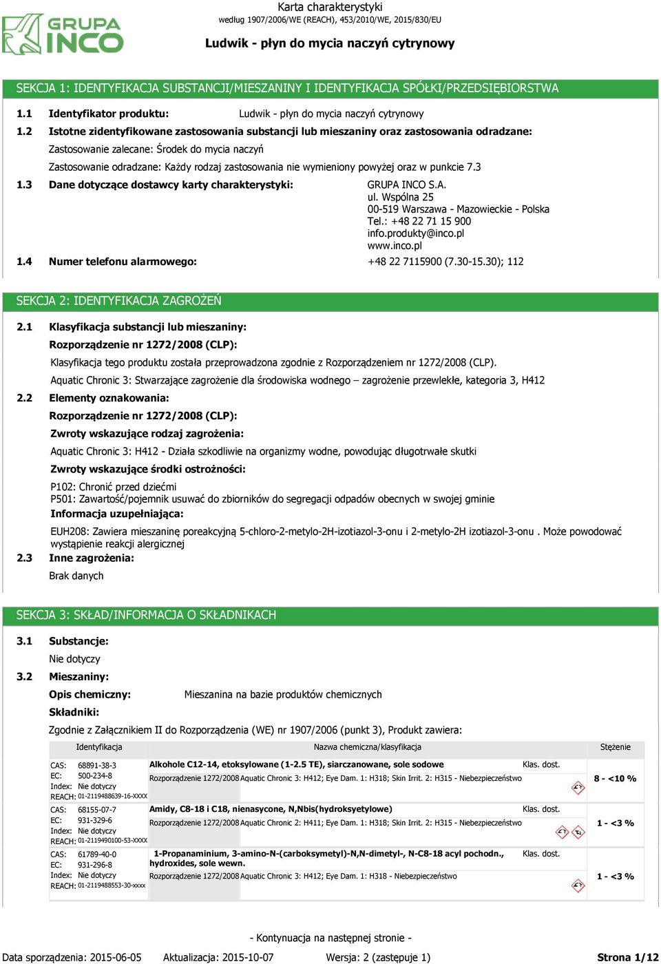 rodzaj zastosowania nie wymieniony powyżej oraz w punkcie 7.3 Dane dotyczące dostawcy karty charakterystyki: Numer telefonu alarmowego: GRUPA INCO S.A. ul.