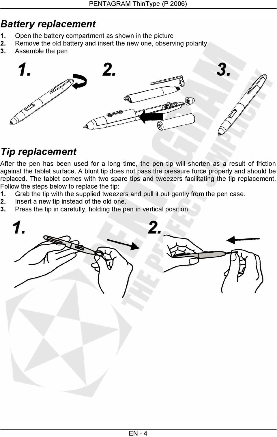 A blunt tip does not pass the pressure force properly and should be replaced. The tablet comes with two spare tips and tweezers facilitating the tip replacement.