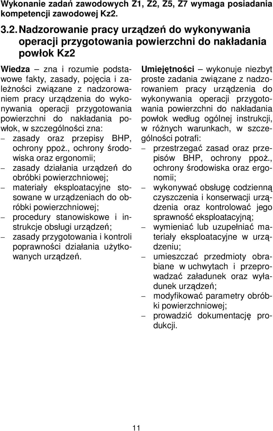3.2. Nadzorowanie pracy urządzeń do wykonywania operacji przygotowania powierzchni do nakładania powłok Kz2 Wiedza zna i rozumie podstawowe fakty, zasady, pojęcia i zależności związane z