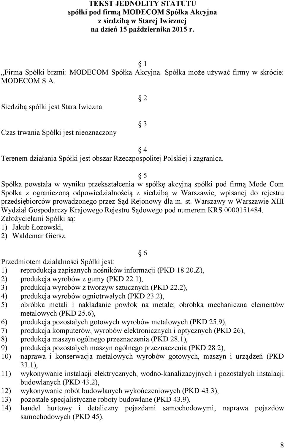 Czas trwania Spółki jest nieoznaczony 2 3 4 Terenem działania Spółki jest obszar Rzeczpospolitej Polskiej i zagranica.
