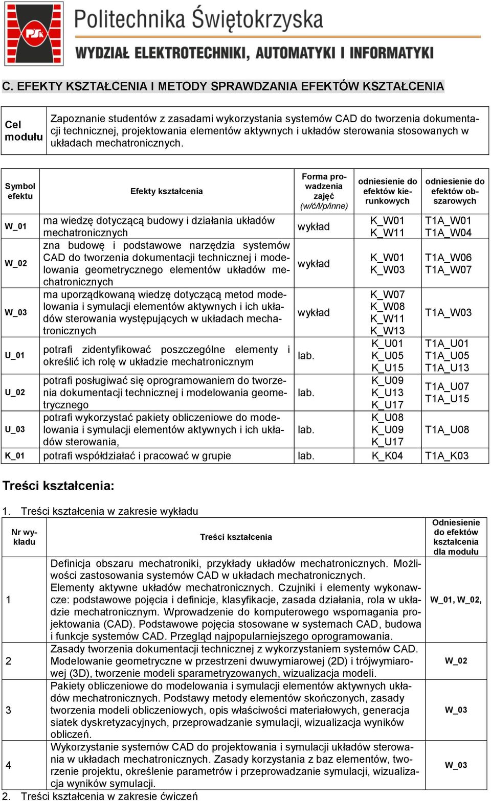 Symbol efektu W_01 U_01 U_02 U_03 Efekty kształcenia Forma prowadzenia zajęć (w/ć/l/p/inne) ma wiedzę dotyczącą budowy i działania układów mechatronicznych zna budowę i podstawowe narzędzia systemów