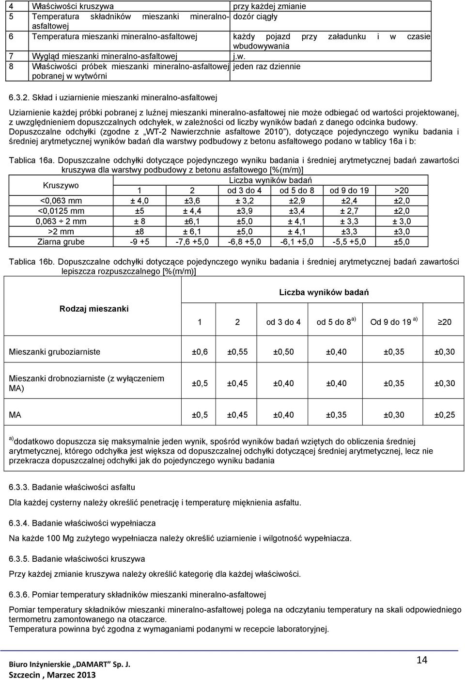 Skład i uziarnienie mieszanki mineralno-asfaltowej Uziarnienie każdej próbki pobranej z luźnej mieszanki mineralno-asfaltowej nie może odbiegać od wartości projektowanej, z uwzględnieniem