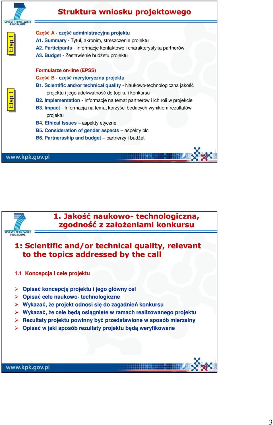 Scientific and/or technical quality - Naukowo-technologiczna jakość projektu i jego adekwatność do topiku i konkursu B2. Implementation - Informacje na temat partnerów i ich roli w projekcie B3.