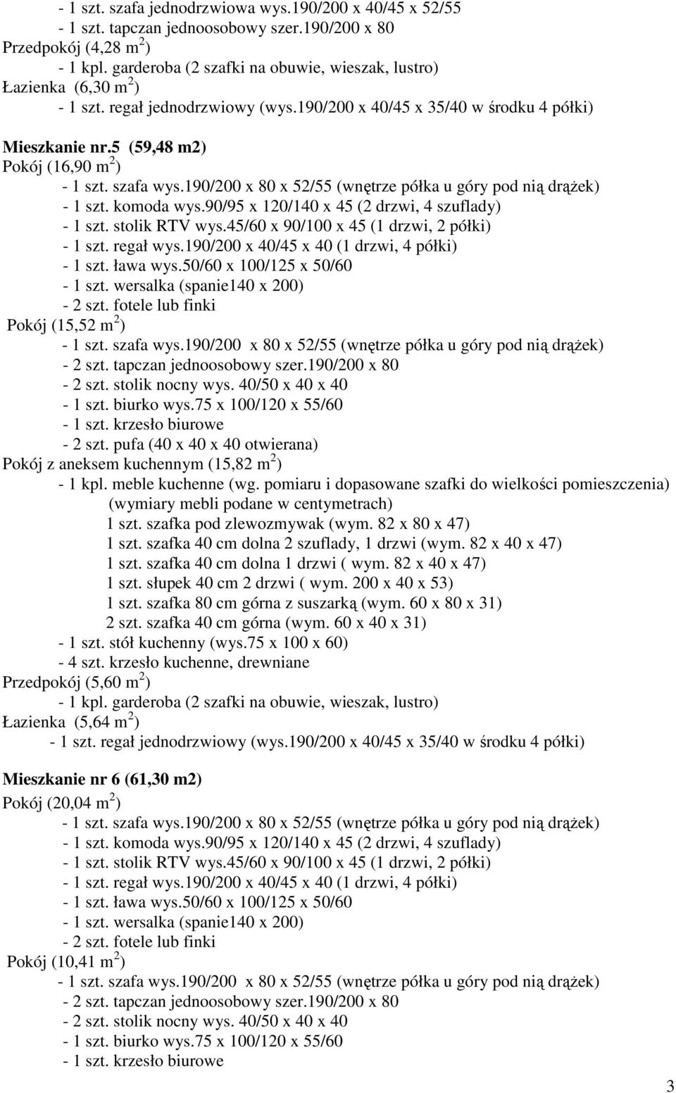 wersalka (spanie140 x 200) Pokój (15,52 m 2 ) Pokój z aneksem kuchennym (15,82 m 2 ) - 4 szt.