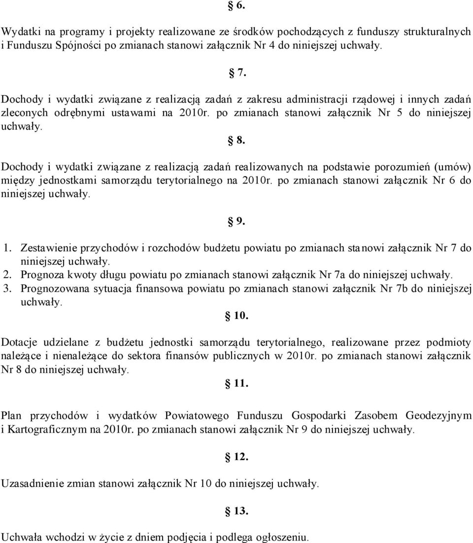 Dochody i wydatki związane z realizacją zadań realizowanych na podstawie porozumień (umów) między jednostkami samorządu terytorialnego na 2010r. po zmianach stanowi załącznik Nr 6 do 9. 1.