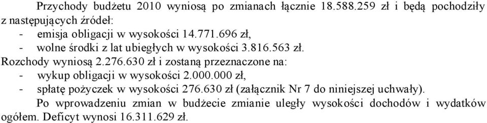 696 zł, - wolne środki z lat ubiegłych w wysokości 3.816.563 zł. Rozchody wyniosą 2.276.