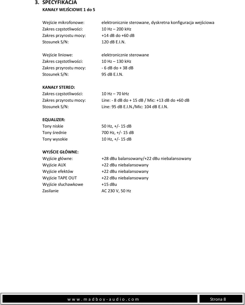 OUT Wyjście słuchawkowe Zasilanie elektronicznie sterowane, dyskretna konfiguracja wejściowa 10 Hz 200 khz +14 db do +60 db 120 db E.I.N.