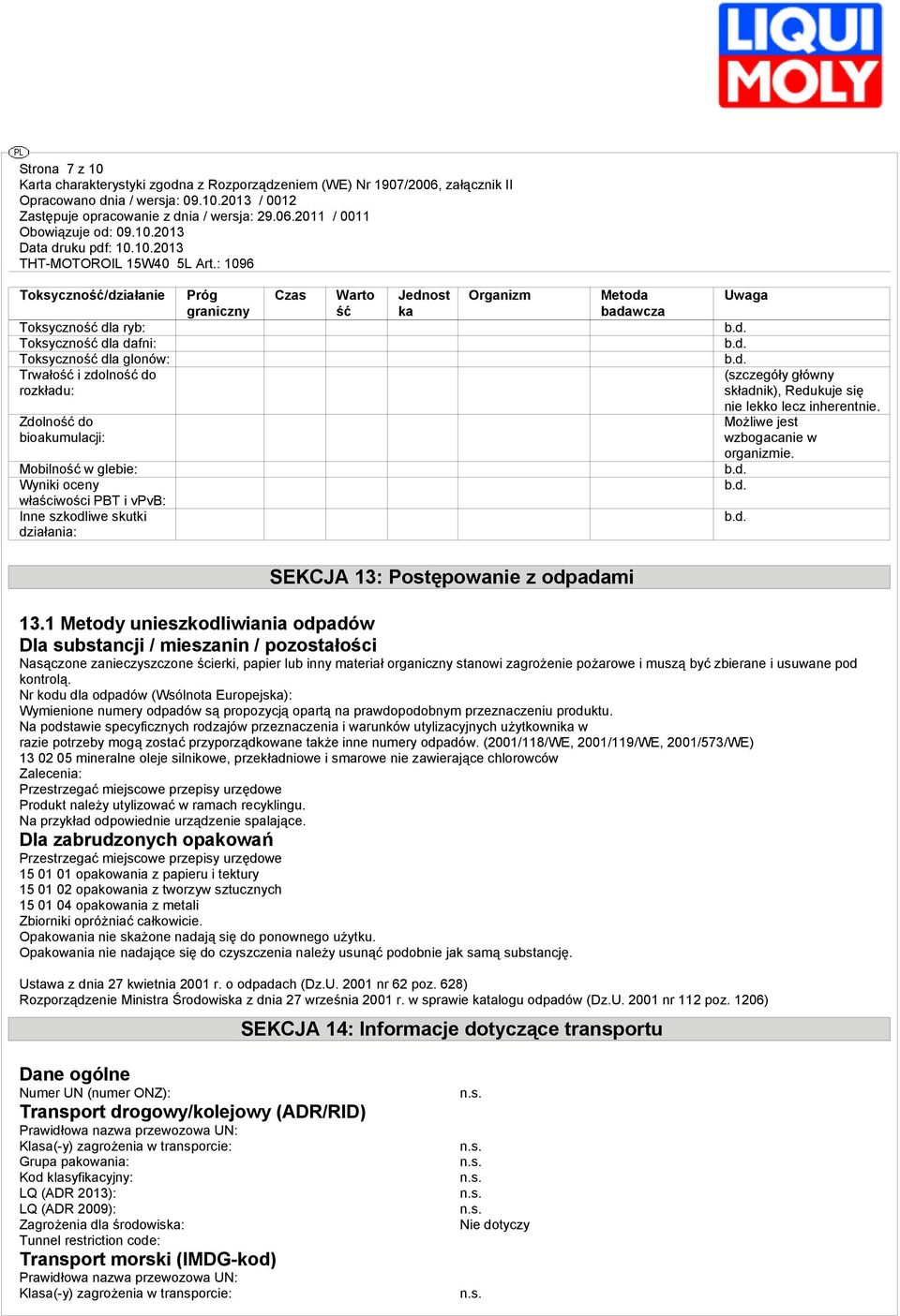 Możliwe jest wzbogacanie w organizmie. SEKCJA 13: Postępowanie z odpadami 13.