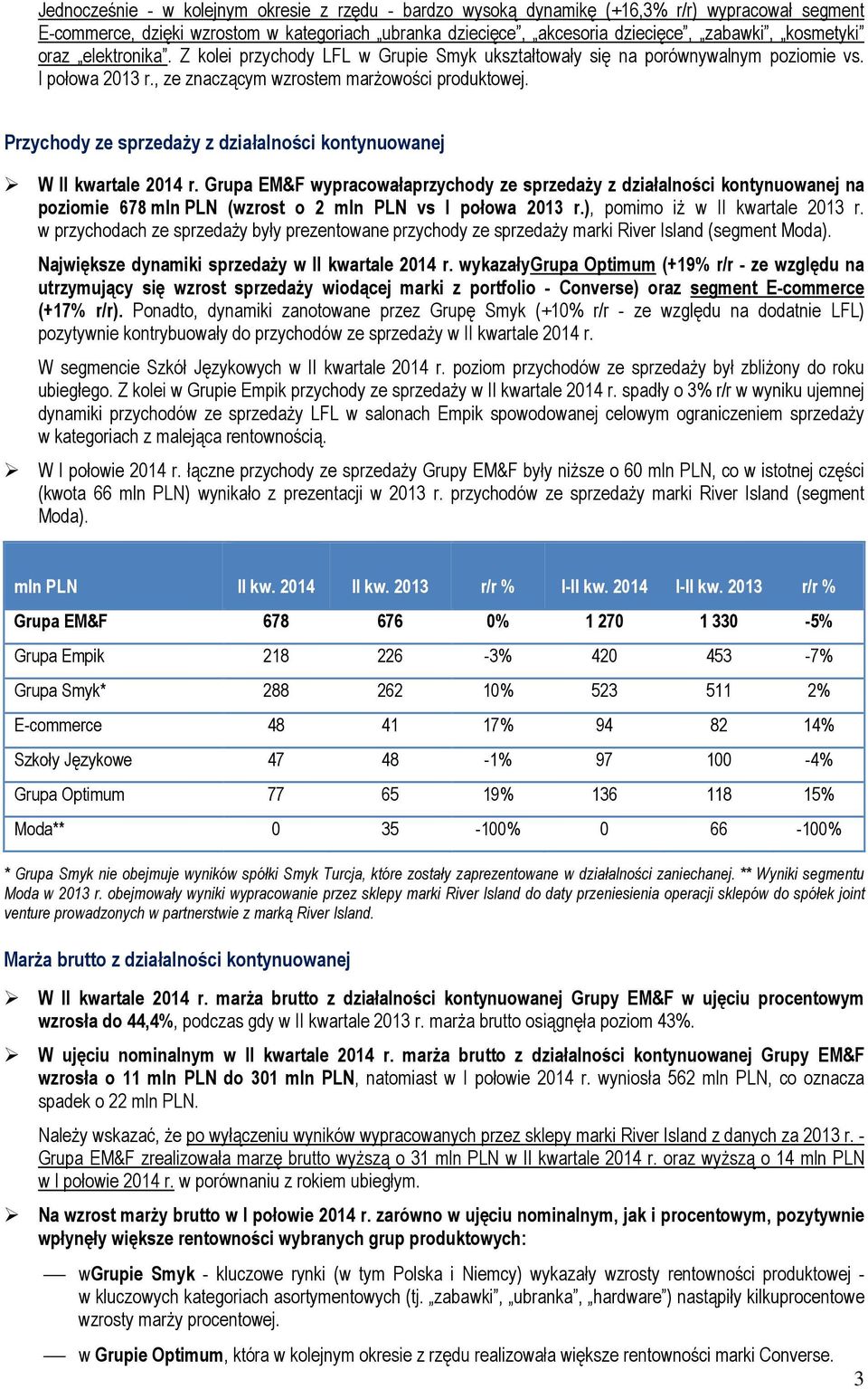 Przychody ze z działalności kontynuowanej W II kwartale r. Grupa EM&F wypracowałaprzychody ze z działalności kontynuowanej na poziomie 678 (wzrost o 2 vs I połowa r.), pomimo iŝ w II kwartale r.