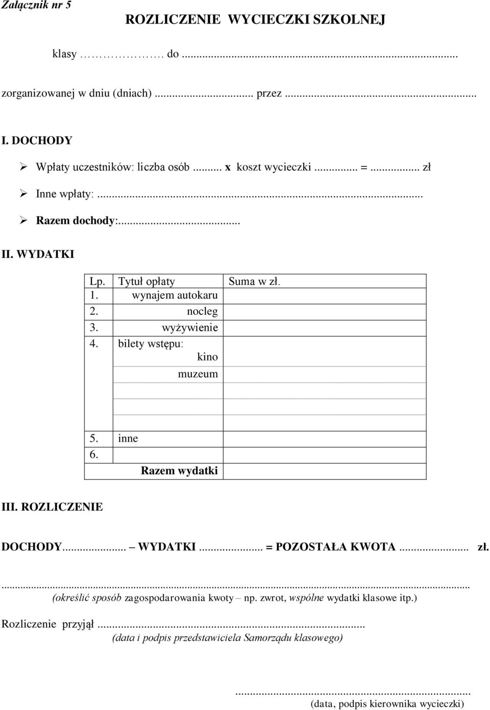 bilety wstępu: kino muzeum 5. inne 6. Razem wydatki III. ROZLICZENIE DOCHODY... WYDATKI... = POZOSTAŁA KWOTA... zł.