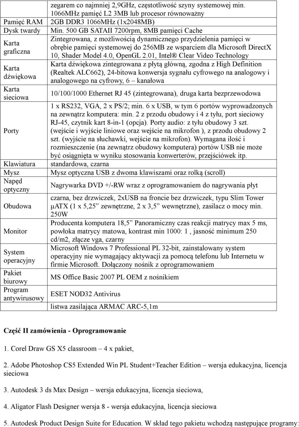 500 GB SATAII 7200rpm, 8MB pamięci Cache Zintegrowana, z możliwością dynamicznego przydzielenia pamięci w obrębie pamięci systemowej do 256MB ze wsparciem dla Microsoft DirectX 10, Shader Model 4.