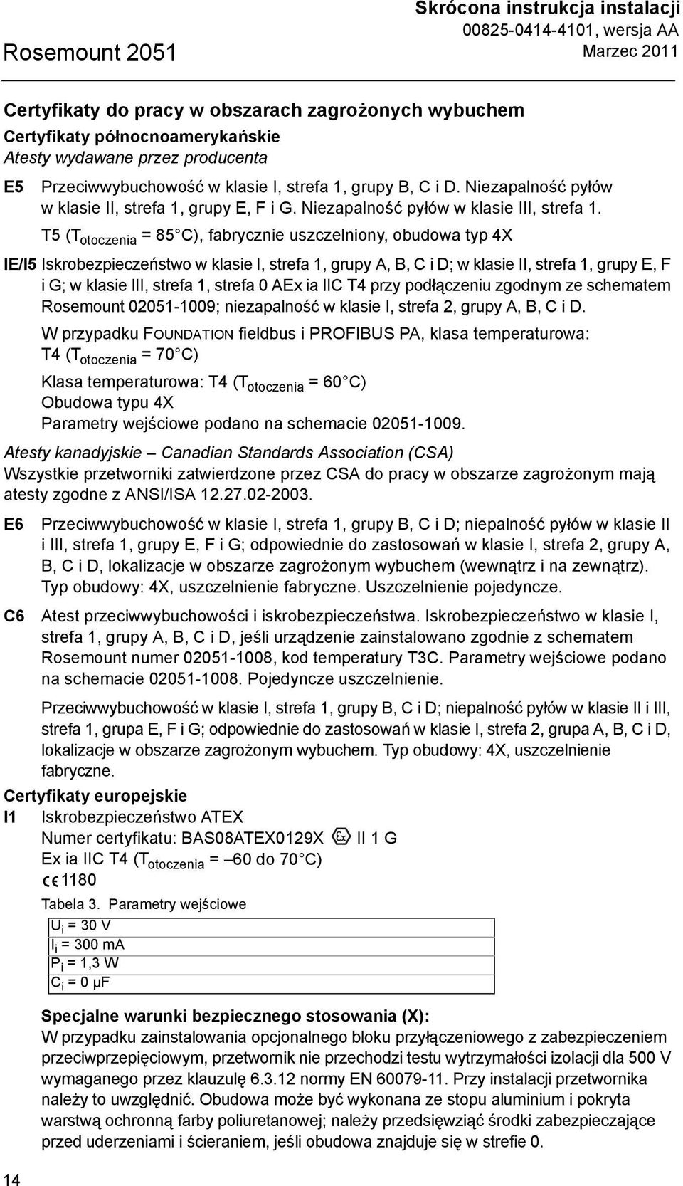 T5 (T otoczenia = 85 C), fabrycznie uszczelniony, obudowa typ 4X IE/I5 Iskrobezpieczeństwo w klasie I, strefa 1, grupy A, B, C i D; w klasie II, strefa 1, grupy E, F i G; w klasie III, strefa 1,