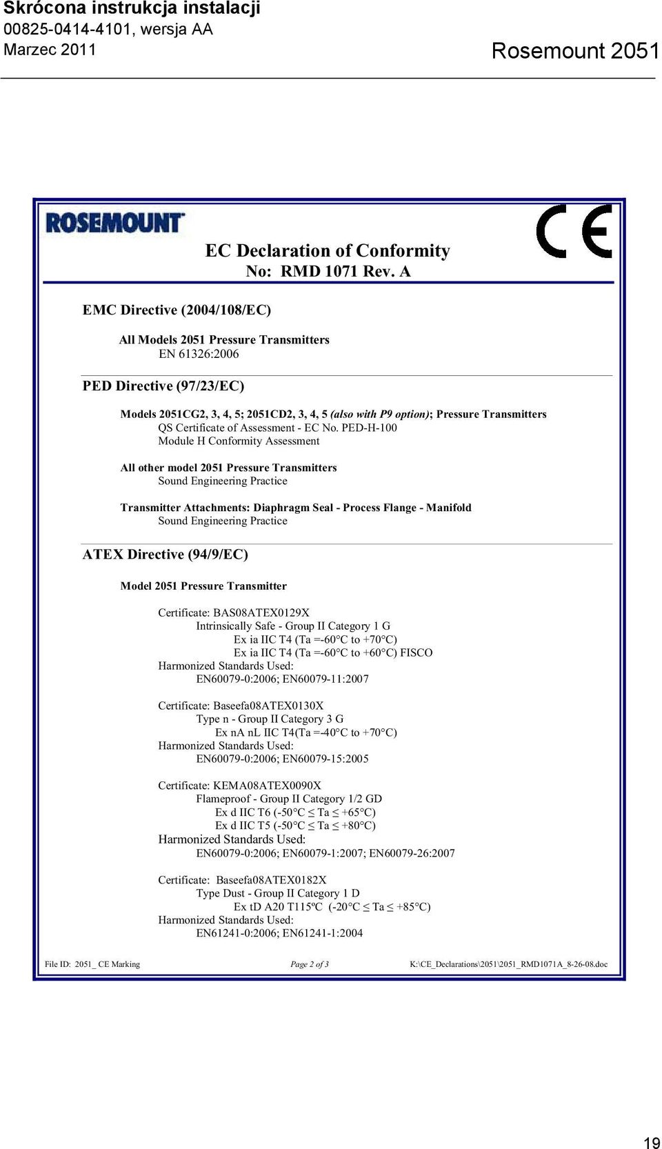 No. PED-H-100 Module H Conformity Assessment All other model 2051 Pressure Transmitters Sound Engineering Practice Transmitter Attachments: Diaphragm Seal - Process Flange - Manifold Sound