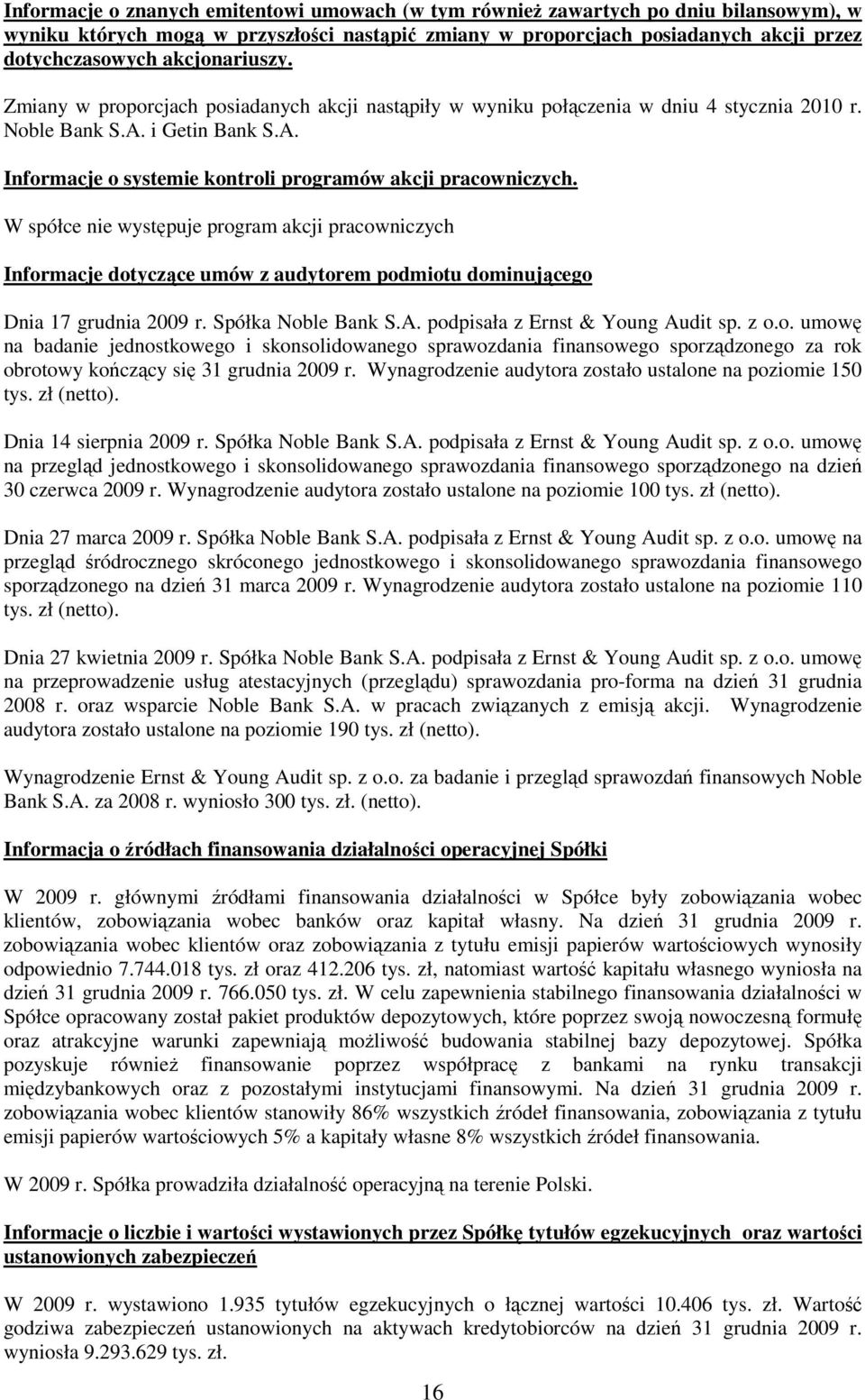 W spółce nie występuje program akcji pracowniczych Informacje dotyczące umów z audytorem podmiotu dominującego Dnia 17 grudnia 2009 r. Spółka Noble Bank S.A. podpisała z Ernst & Young Audit sp. z o.o. umowę na badanie jednostkowego i skonsolidowanego sprawozdania finansowego sporządzonego za rok obrotowy kończący się 31 grudnia 2009 r.