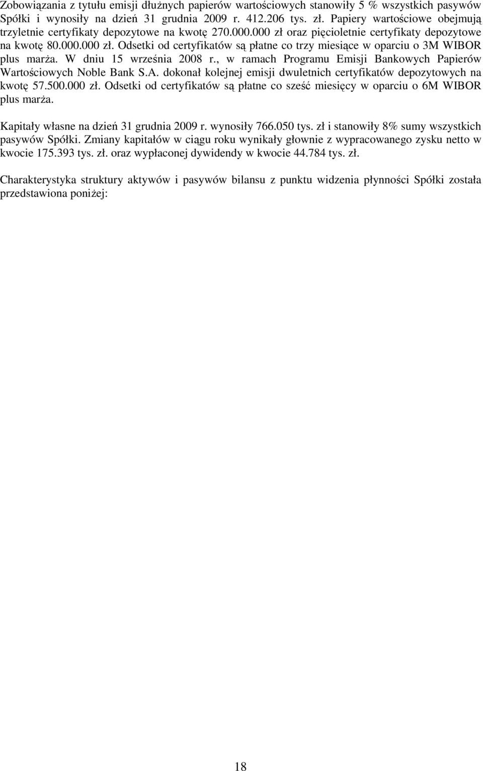 W dniu 15 września 2008 r., w ramach Programu Emisji Bankowych Papierów Wartościowych Noble Bank S.A. dokonał kolejnej emisji dwuletnich certyfikatów depozytowych na kwotę 57.500.000 zł.