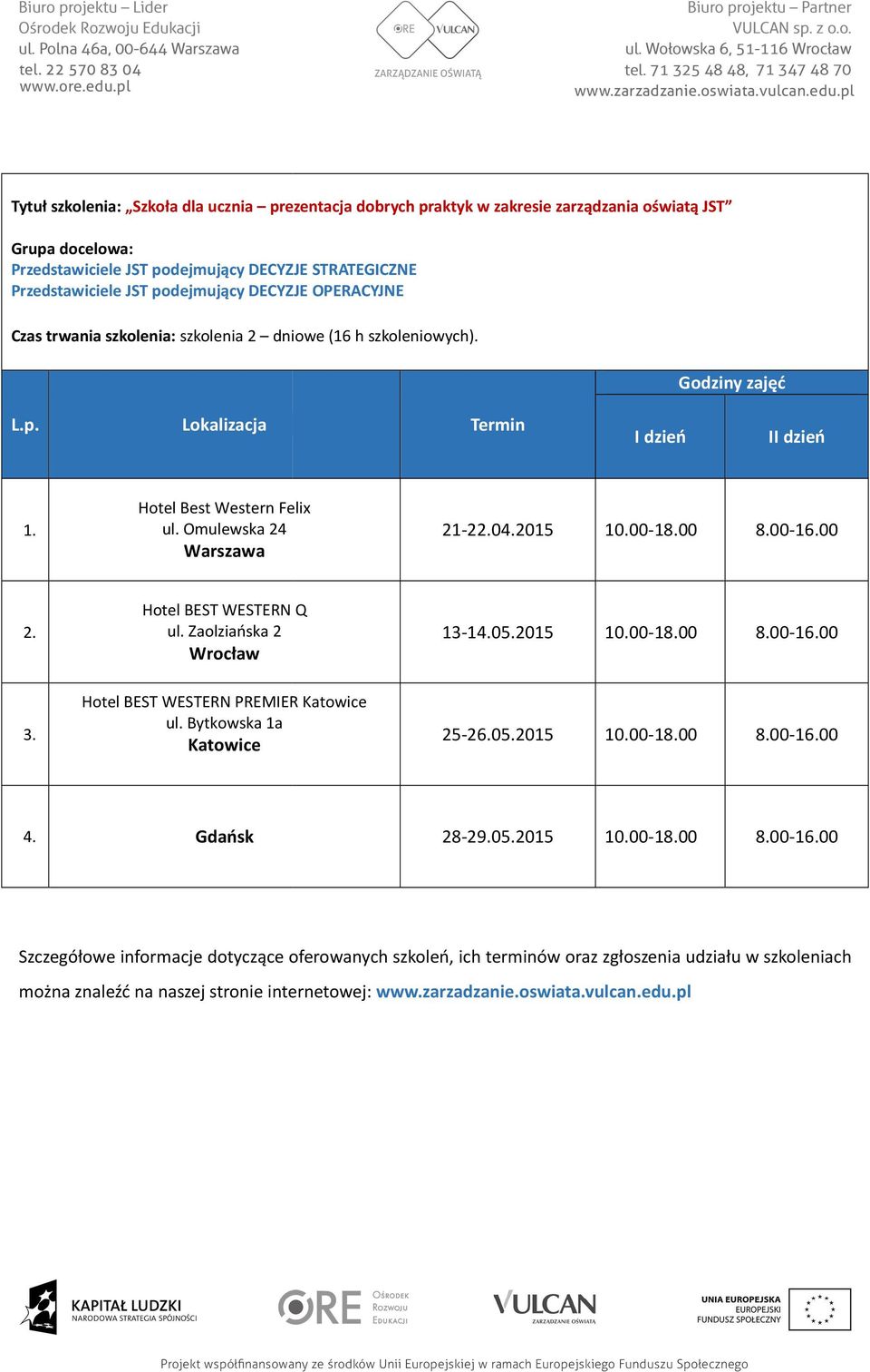 04.2015 10.00-18.00 8.00-16.00 2. 3. Hotel BEST WESTERN Q ul. Zaolziańska 2 Wrocław Hotel BEST WESTERN PREMIER Katowice ul. Bytkowska 1a Katowice 13-14.05.2015 10.00-18.00 8.00-16.00 25-26.05.2015 10.00-18.00 8.00-16.00 4.