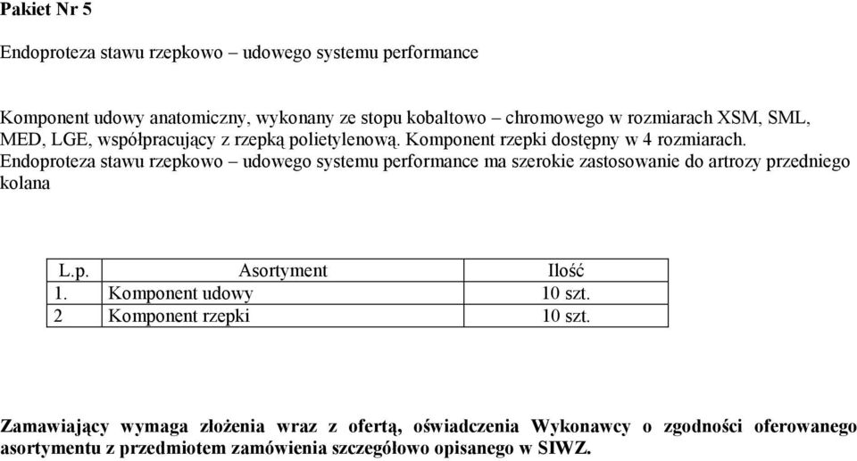 Endoproteza stawu rzepkowo udowego systemu performance ma szerokie zastosowanie do artrozy przedniego kolana L.p. Asortyment Ilość 1.