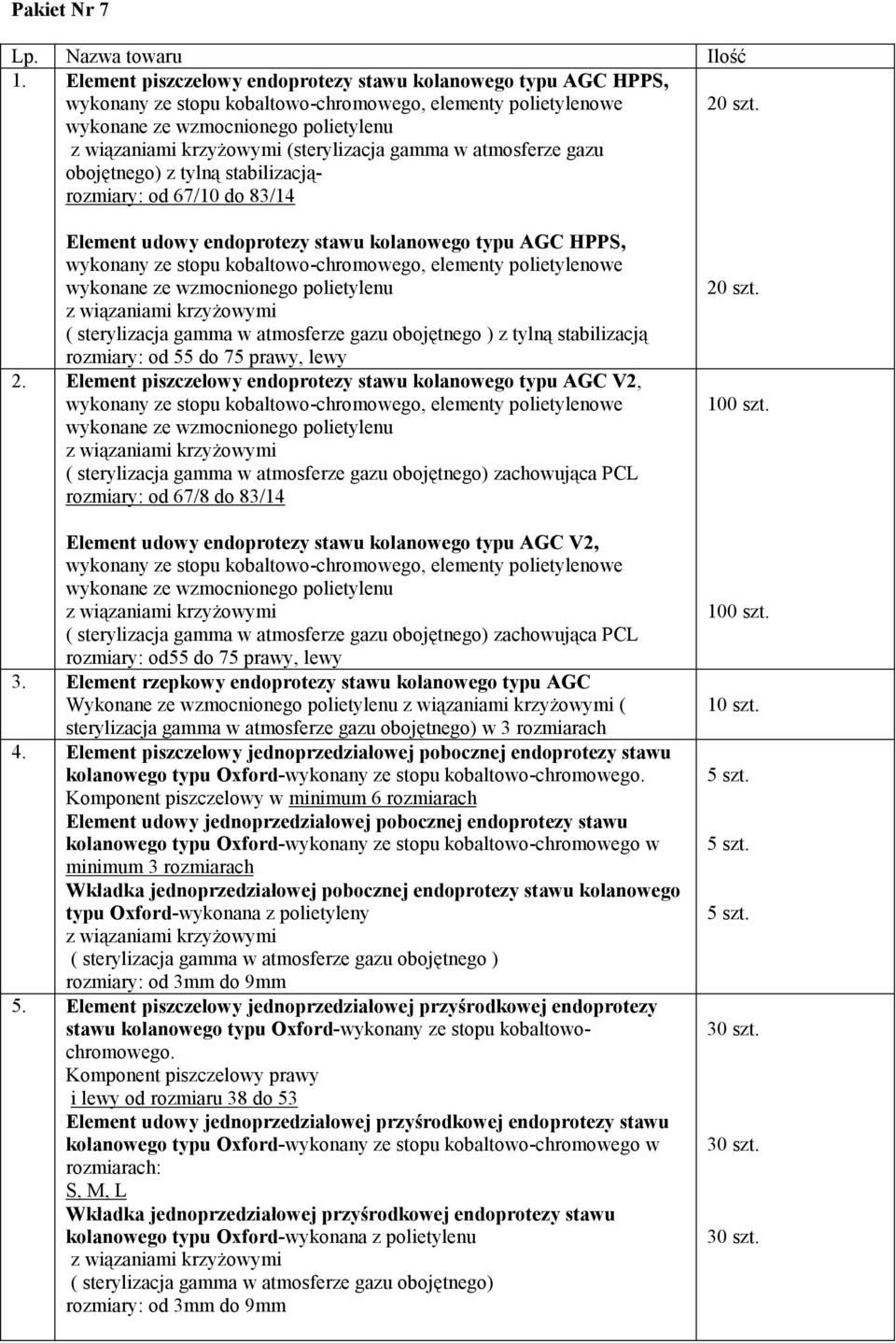 kolanowego typu AGC HPPS, ( sterylizacja gamma w atmosferze gazu obojętnego ) z tylną stabilizacją rozmiary: od 55 do 75 prawy, lewy 2.