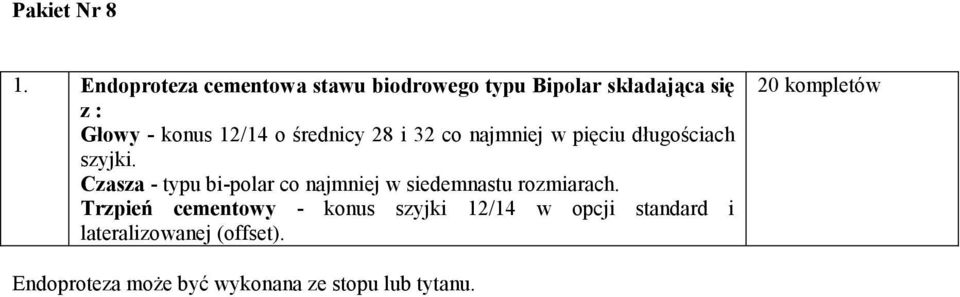 średnicy 28 i 32 co najmniej w pięciu długościach szyjki.