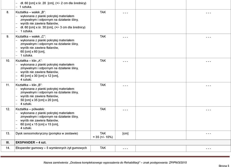 Kształtka klin B : 50 [cm] x 35 [cm] x 20 [cm], 4 sztuki. 12. Kształtka półwałek: 60 [cm] x 15 [cm] x 15 [cm], 4 sztuki. 13.