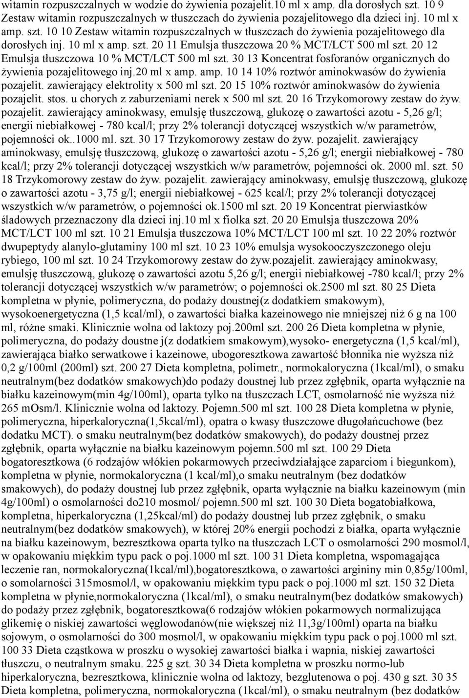 20 ml x amp. amp. 10 14 10% roztwór aminokwasów do żywienia pozajelit. zawierający elektrolity x 500 ml szt. 20 15 10% roztwór aminokwasów do żywienia pozajelit. stos.