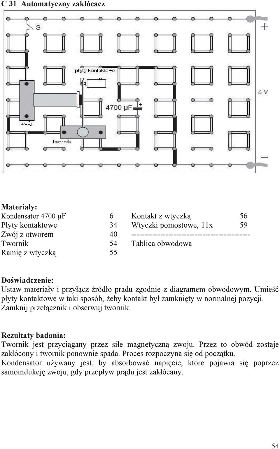 Umieść płyty kontaktowe w taki sposób, żeby kontakt był zamknięty w normalnej pozycji. Zamknij przełącznik i obserwuj twornik.