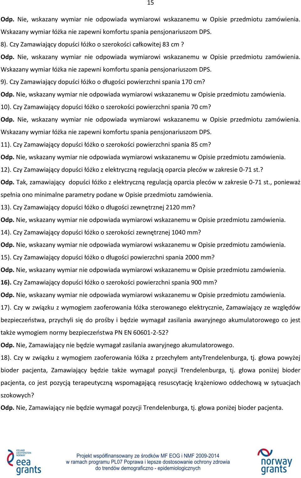 Czy Zamawiający dopuści łóżko o szerokości powierzchni spania 70 cm? Wskazany wymiar łóżka nie zapewni komfortu spania pensjonariuszom DPS. 11).